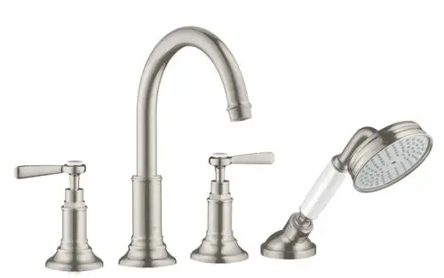 Montreux 4-Loch Armatur von AXOR mit zwei Hebelgriffen und einer Duschbrause in Edelstahl-Optik, geeignet für moderne Badezimmerinstallationen.